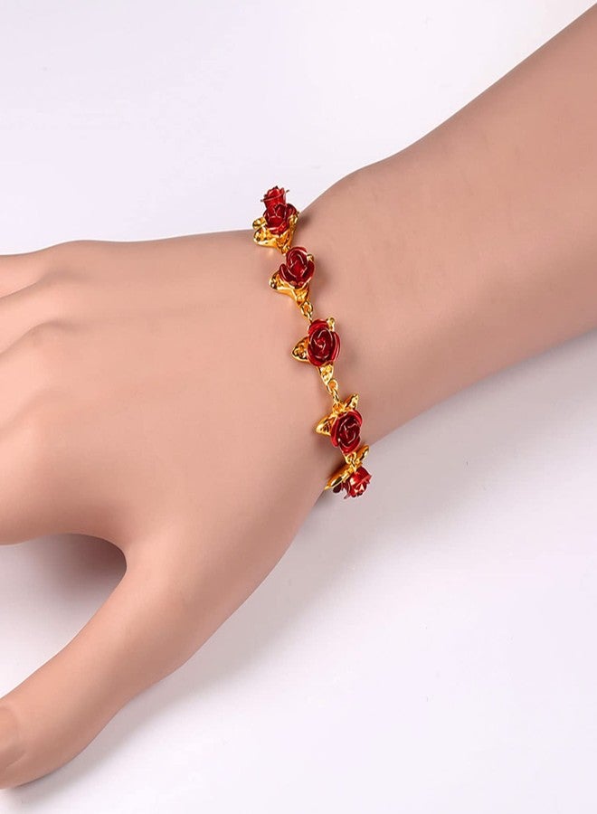 U7 سوار معصم نسائي لطيف مزين بزهور الورد الأحمر مطلي بالذهب عيار 18 مع روابط سحرية لمناسبات الزفاف والاحتفالات - Image 5