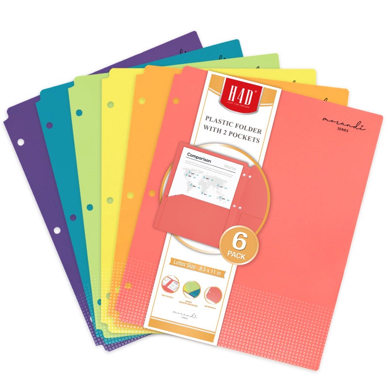 H4D Plastic Folders with 2 Pockets, Fit for 3 Ring Binder, Letter Size, Primary Colors, 6 Pack - Image 1