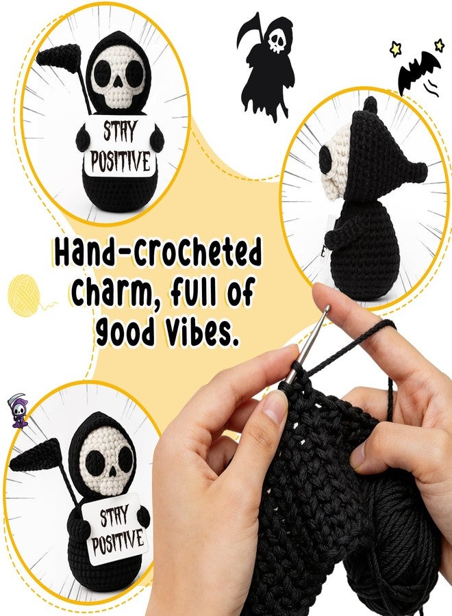 Frabaca Funny Gothic Grim Reaper Crochet Plush - Spooky Cute Halloween Decor & Dark Humor Gift - Stay Positive Sarcastic Desk Sign for Coworkers Friends White Elephant - Image 5