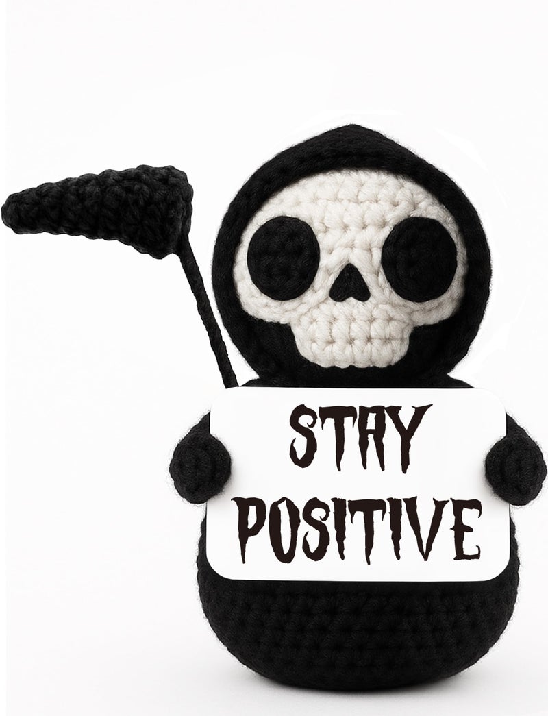 Frabaca Funny Gothic Grim Reaper Crochet Plush - Spooky Cute Halloween Decor & Dark Humor Gift - Stay Positive Sarcastic Desk Sign for Coworkers Friends White Elephant - Image 1