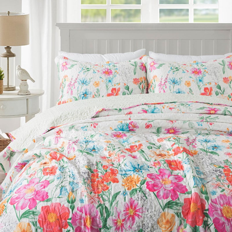 Travan Floral Quilt Queen Quilt Set, Ultra Soft Reversible Queen Quilt Bedding Set with 1 Quilt Set and 2 Shams Red Flower Quilt for All Season, Coreopsis-Red, Queen - Image 1