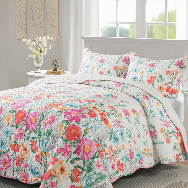 Travan Floral Quilt Queen Quilt Set, Ultra Soft Reversible Queen Quilt Bedding Set with 1 Quilt Set and 2 Shams Red Flower Quilt for All Season, Coreopsis-Red, Queen - Image 4