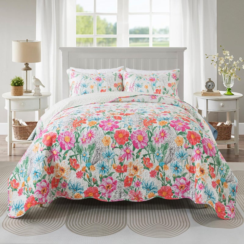 Travan Floral Quilt Queen Quilt Set, Ultra Soft Reversible Queen Quilt Bedding Set with 1 Quilt Set and 2 Shams Red Flower Quilt for All Season, Coreopsis-Red, Queen - Image 3