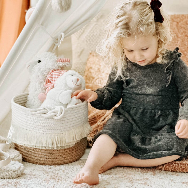 CherryNow Small Woven Storage Baskets Cotton and Jute Rope Decorative Hamper for Diaper, Blankets, Magazine and Keys, Cute Tassel Nursery Decor - Home Storage Container â€“ 9.5'' x 7'' - Image 3