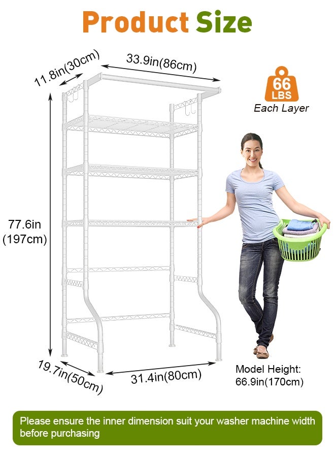 Forthcan Over-Washer Storage Rack, 3-Tier Laundry Organizer Shelving with Hanging Bar & Hooks, Freestanding Above Washing Machine, Adjustable Feet, 31.1" W × 19.7" D × 77.6" H - Image 2