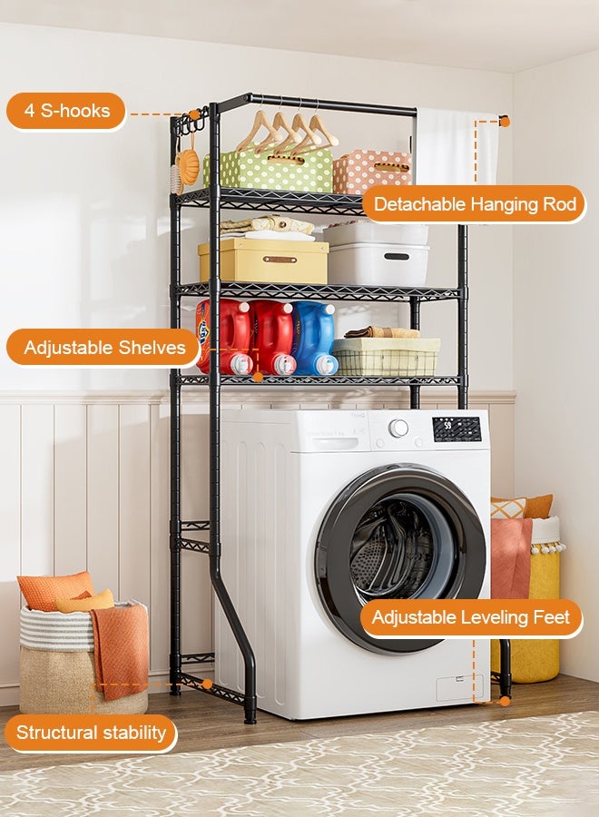 Forthcan Over-Washer Storage Rack, 3-Tier Laundry Organizer Shelving with Hanging Bar & Hooks, Freestanding Above Washing Machine, Adjustable Feet, 31.1" W × 19.7" D × 77.6" H - Image 5