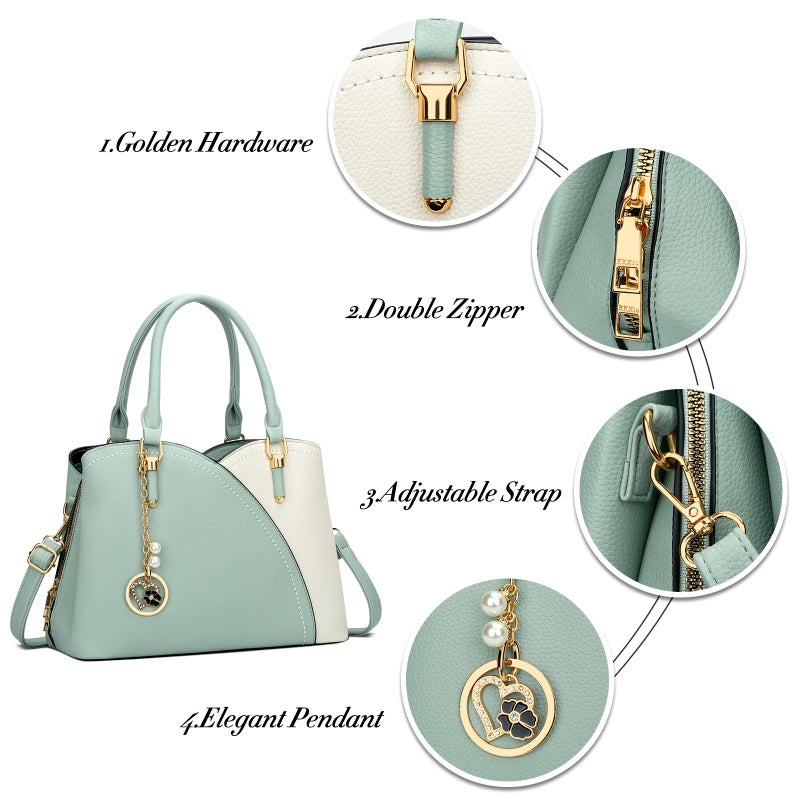 KKXIU Triple Compartments Purses and Handbags for Women Fashion Ladies Satchel Shoulder Top Handle Bag (Green(White)) - Image 3