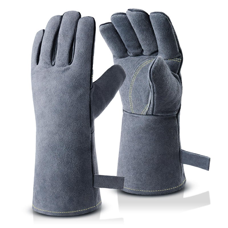 OZERO 932F Heat Resistant Forge Welding Gloves 14 inches Cowhide Leather Long Sleeve and Insulated Lining Grill Glove for Tig WelderMigBarbecueStove Gray