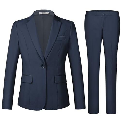 Kelyaa Women's 2 Piece Suit Notched Lapel One Button Slim Fit Business Office Work Tuxedo Blazer Pants Set Navy Blue - Image 3
