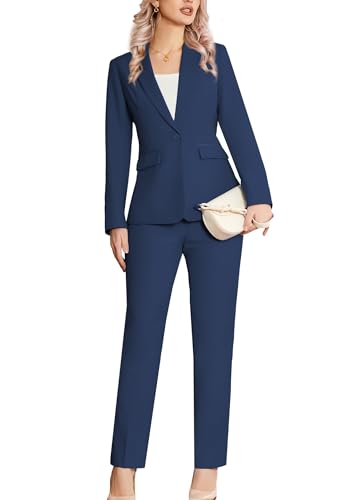 Kelyaa Women's 2 Piece Suit Notched Lapel One Button Slim Fit Business Office Work Tuxedo Blazer Pants Set Navy Blue - Image 2