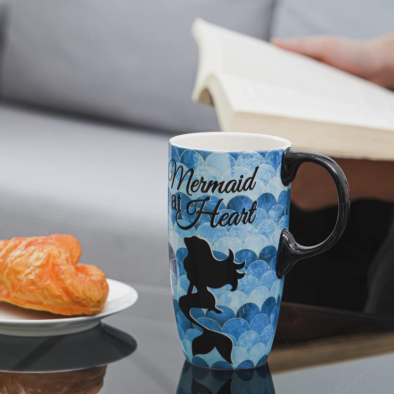 DUSVALLY Coffee Ceramic Mugs Travel Coffee Mug Porcelain Latte Tea Cup With Lid and Gift Box 17ozTall Coffee MugMermaid at Heart - Image 2