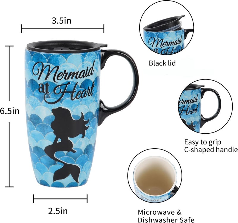 DUSVALLY Coffee Ceramic Mugs Travel Coffee Mug Porcelain Latte Tea Cup With Lid and Gift Box 17ozTall Coffee MugMermaid at Heart - Image 5