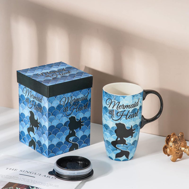 DUSVALLY Coffee Ceramic Mugs Travel Coffee Mug Porcelain Latte Tea Cup With Lid and Gift Box 17ozTall Coffee MugMermaid at Heart - Image 3