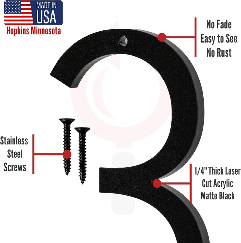 Discovered Designs 6" (3) Modern Address House Numbers for Outside - Easy to Install 3D Matte Black Acrylic Individual Numbers for Address on House, Weatherproof No Rust, Made in USA, Includes 2 - 3/4" Screws, Door Mailbox Number Home Address Number - Image 4