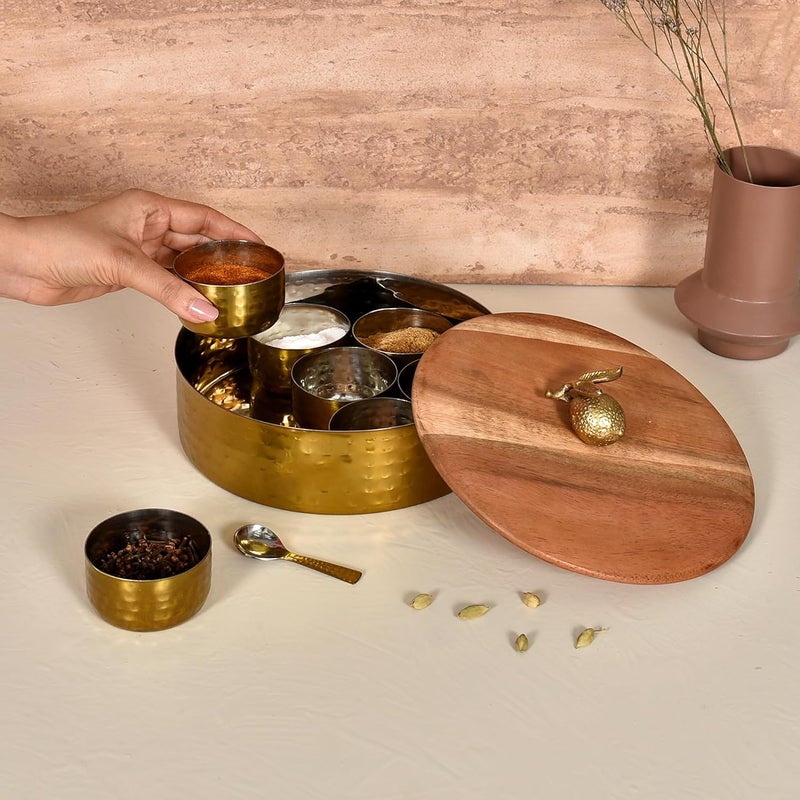 Elan Dabbahs and Days Spice Box with Stylish Lemon Knob |Stainless Steel with Wooden lid Masala Dabba | Masala Dani With 7 Containers and Small Spoon | Kitchen Spice Organiser (Antique Gold and Wood) - Image 1