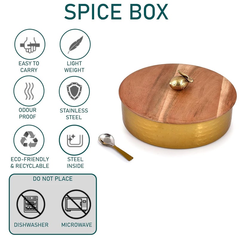 Elan Dabbahs and Days Spice Box with Stylish Lemon Knob |Stainless Steel with Wooden lid Masala Dabba | Masala Dani With 7 Containers and Small Spoon | Kitchen Spice Organiser (Antique Gold and Wood) - Image 3