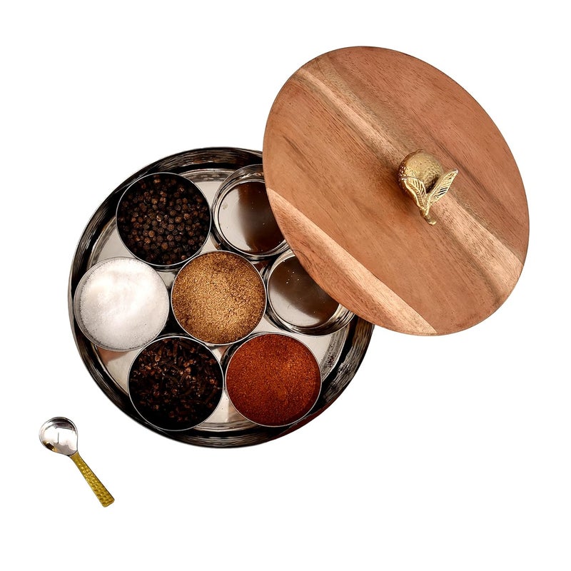 Elan Dabbahs and Days Spice Box with Stylish Lemon Knob |Stainless Steel with Wooden lid Masala Dabba | Masala Dani With 7 Containers and Small Spoon | Kitchen Spice Organiser (Antique Gold and Wood) - Image 5