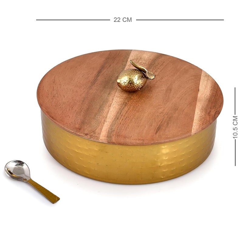Elan Dabbahs and Days Spice Box with Stylish Lemon Knob |Stainless Steel with Wooden lid Masala Dabba | Masala Dani With 7 Containers and Small Spoon | Kitchen Spice Organiser (Antique Gold and Wood) - Image 2