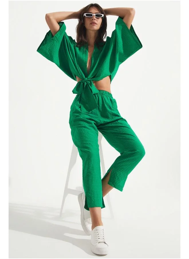 JUNE June Blouse Tie Detailed Trouser Set Green