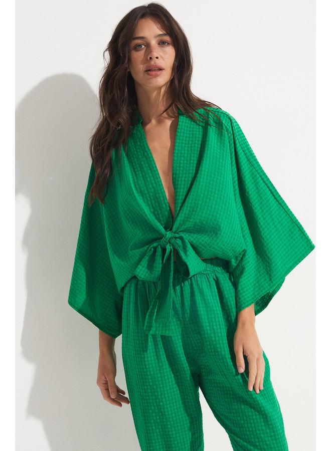 جون طقم بنطلون بلوزة جين بلون أخضر بتفاصيل ربطة - Image 4