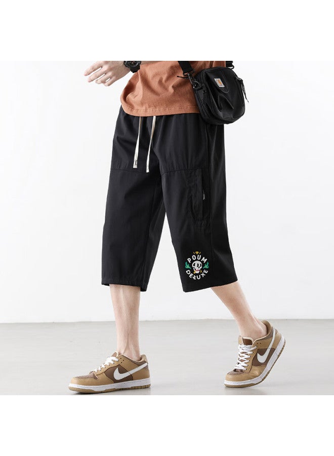 Poum Casual Cargo Capri Pants For Men, Summer Loose-fit Trendy Quick-dry Ice Silk Sports Shorts Tq05 Black 4XL - Image 1