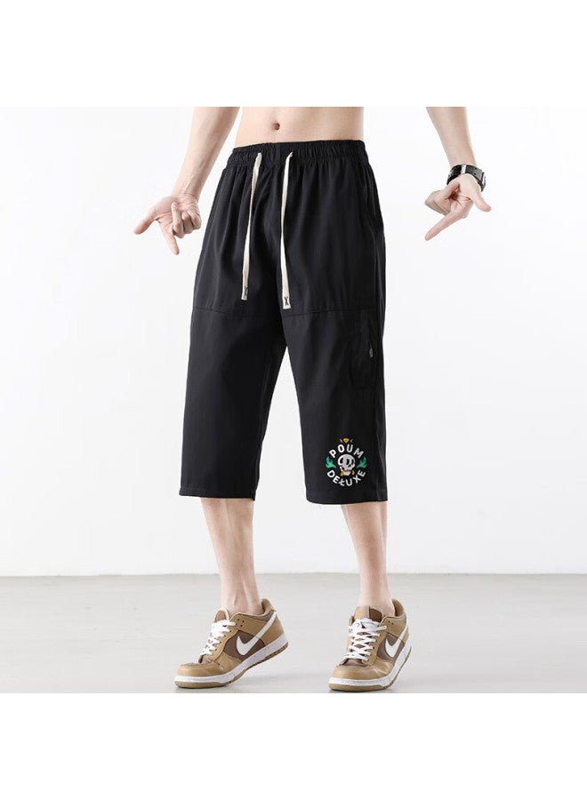 Poum Casual Cargo Capri Pants For Men, Summer Loose-fit Trendy Quick-dry Ice Silk Sports Shorts Tq05 Black 4XL - Image 2