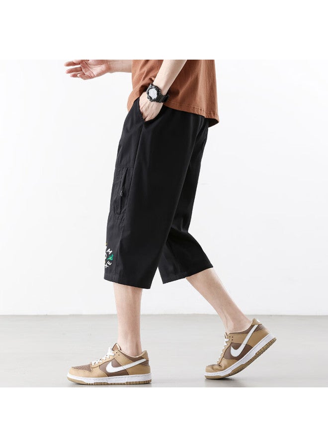 Poum Casual Cargo Capri Pants For Men, Summer Loose-fit Trendy Quick-dry Ice Silk Sports Shorts Tq05 Black 4XL - Image 3