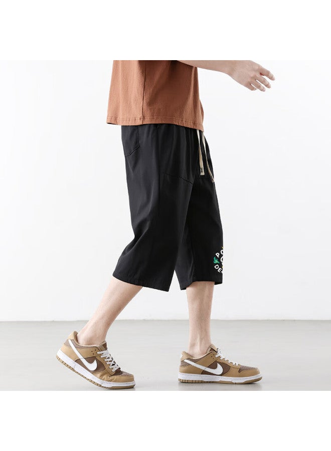 Poum Casual Cargo Capri Pants For Men, Summer Loose-fit Trendy Quick-dry Ice Silk Sports Shorts Tq05 Black 4XL - Image 4
