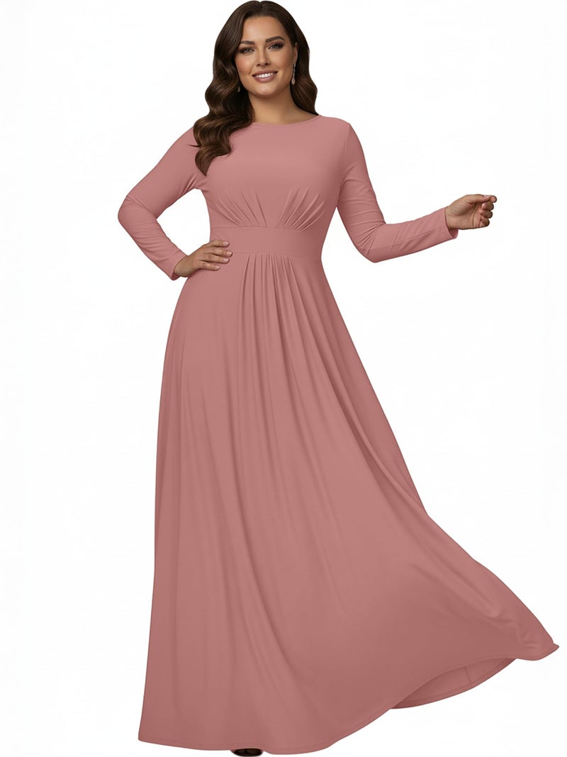 KOH KOH Plus Size Womens Long Full Sleeve Sleeves Flowy Empire Waist Fall Winter Modest Formal Floor Length Abaya Muslim Bridesmaid Bridal Gown Gowns Maxi Dress Dresses, Cinnamon Rose Pink 2XL 18-20 - Image 1