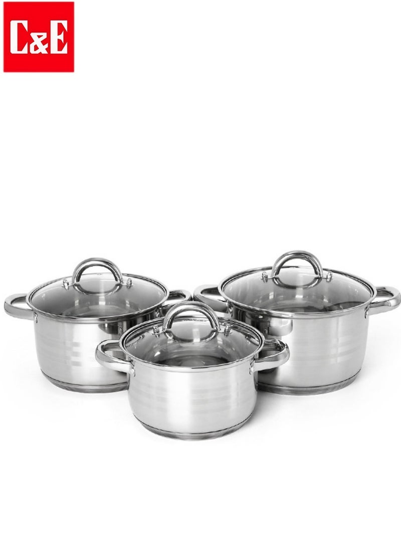 سي&إي طقم أواني طهي من 3 قطع، طقم أواني طهي للمطبخ، وعاء مسطح من الفولاذ المقاوم للصدأ، طقم أواني حساء وحليب، وعاء طهي بالحث المنزلي - Image 1
