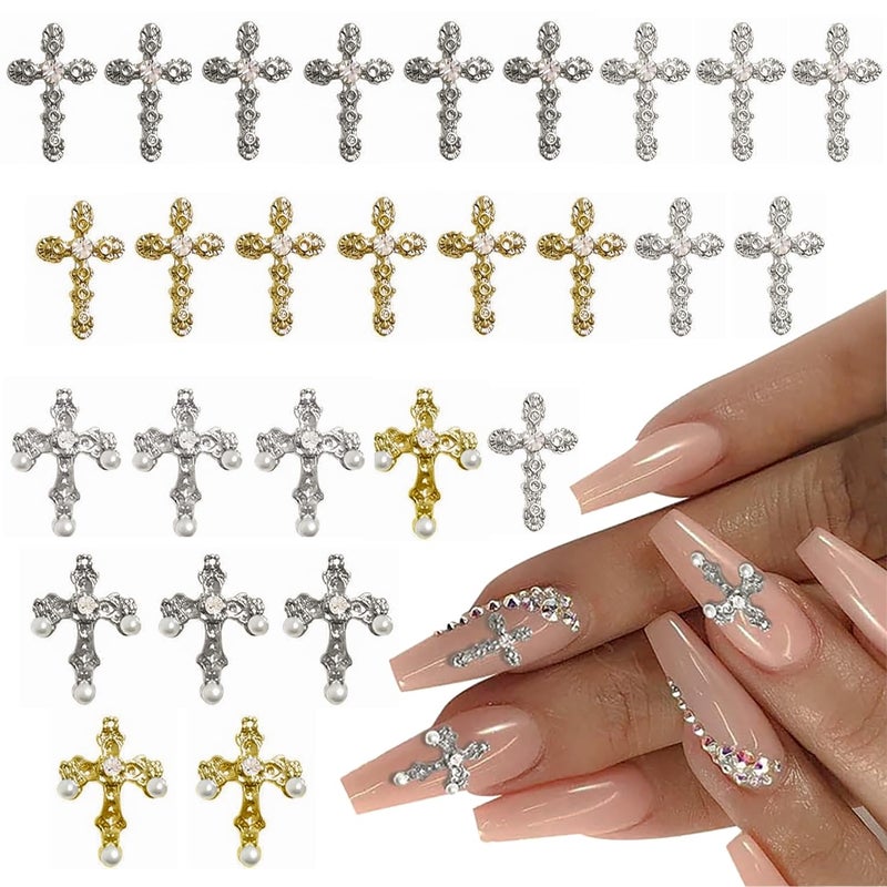 Pearl Cross Nail Charms Silver Cross Nail Charms y2k Nail Cross Art Whit Pearl 3D Metal Nail Cross Charms for DIY Designs Supplies