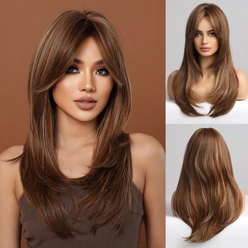 باروكات HAIRCUBE بنية للنساء باروكات بنية طويلة مع خصلات شقراء مع غرة مصنوعة من ألياف صناعية مقاومة للحرارة