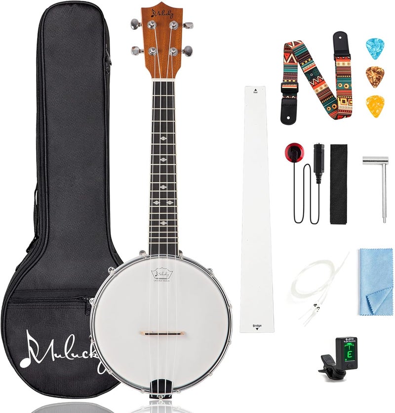 Mulucky 4-String Banjo Ukulele | Banjolele 23" Sapele Wood with Remo Head & Nylon Strings | Dark Brown Travel Kit (Bag, Tuner, Picks) - BU8017 - Image 1