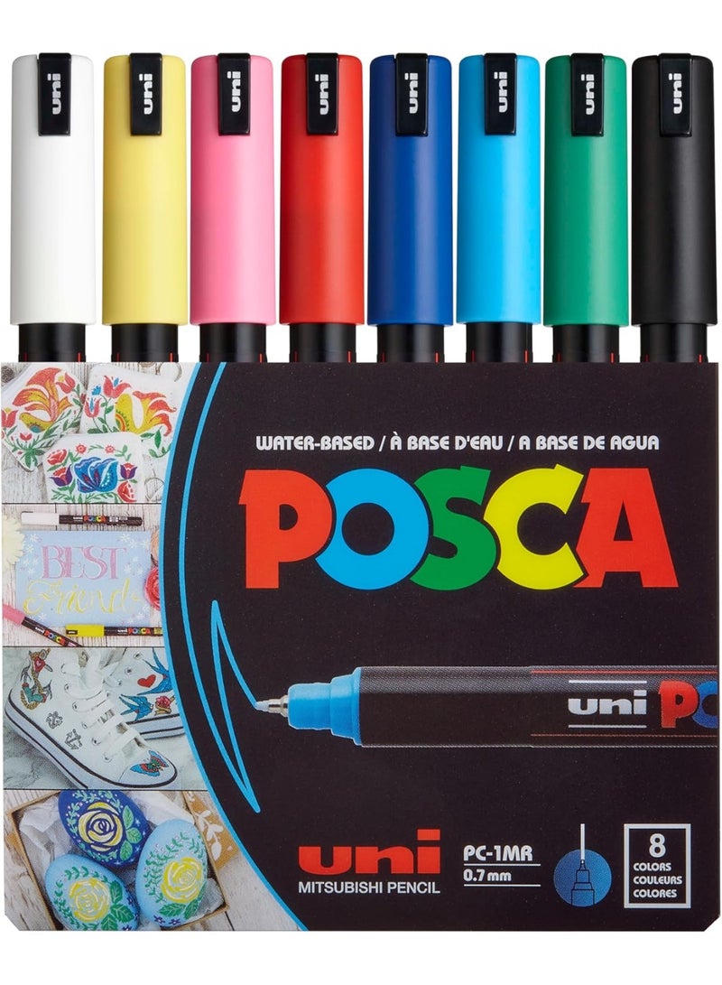 POSCA PXPC1MR8 Water-Based Paint Marker Set with Ultra-Fine 0.7 mm Bullet Tips, Vibrant Opaque Colors for DIY Crafts and Art Projects, Non-Toxic Markers Suitable for Detailed Drawing and Painting on Over 50 Surfaces - Image 1