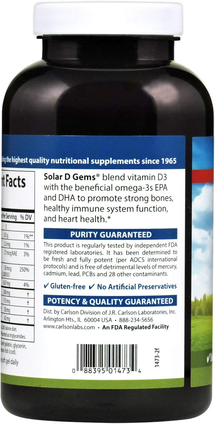 Carlson  Solar D Gems Vitamin D3 and Omega3 Supplement 2000 IU Vitamin D3 115 mg Omega3s EPA and DHA Vitamin D Fish Oil Capsule Bone  Immune Health Vitamin D Supplement Lemon 360 Softgels - Image 4