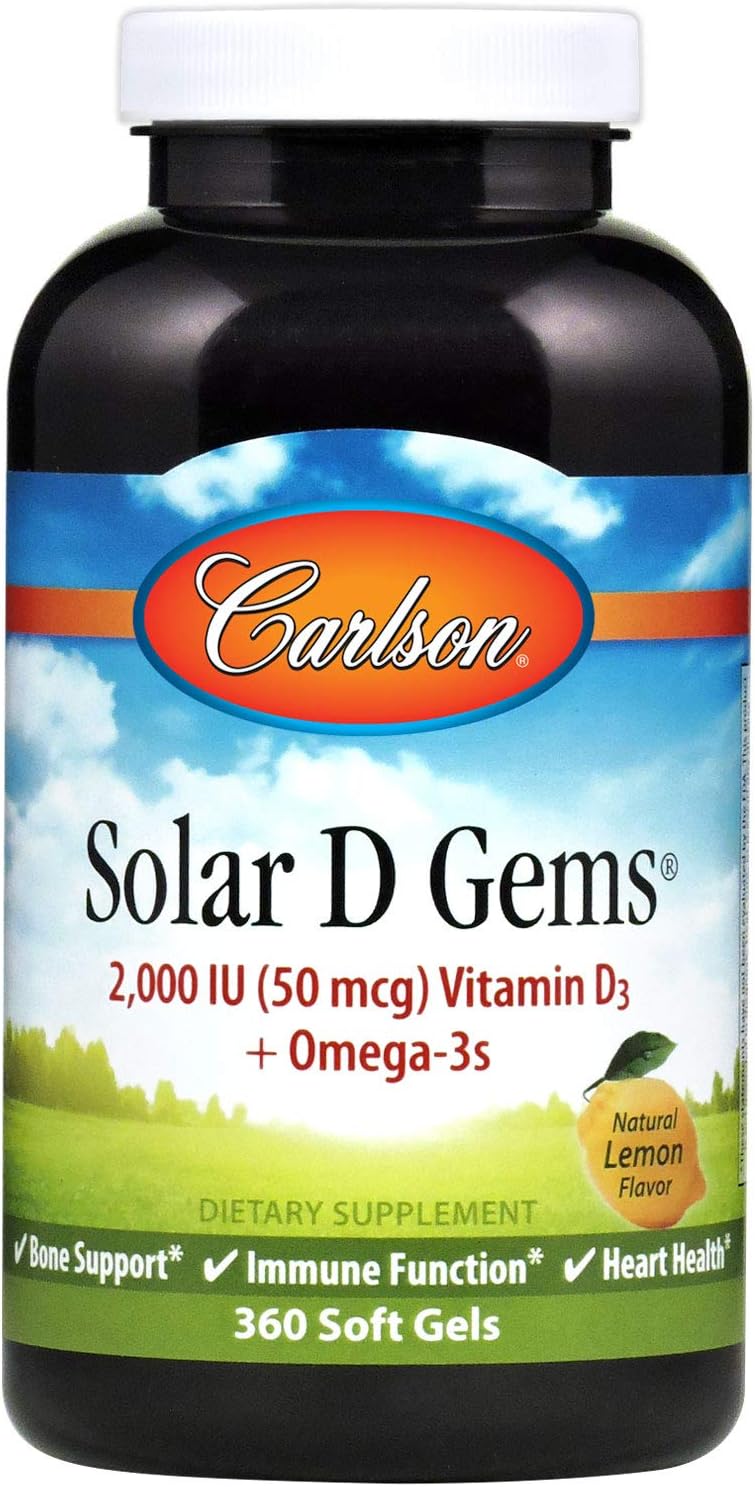 Carlson  Solar D Gems Vitamin D3 and Omega3 Supplement 2000 IU Vitamin D3 115 mg Omega3s EPA and DHA Vitamin D Fish Oil Capsule Bone  Immune Health Vitamin D Supplement Lemon 360 Softgels - Image 1