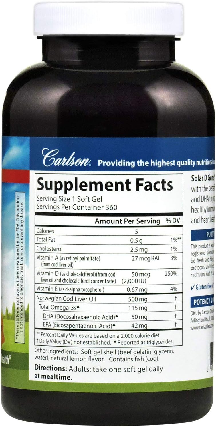 Carlson  Solar D Gems Vitamin D3 and Omega3 Supplement 2000 IU Vitamin D3 115 mg Omega3s EPA and DHA Vitamin D Fish Oil Capsule Bone  Immune Health Vitamin D Supplement Lemon 360 Softgels - Image 3