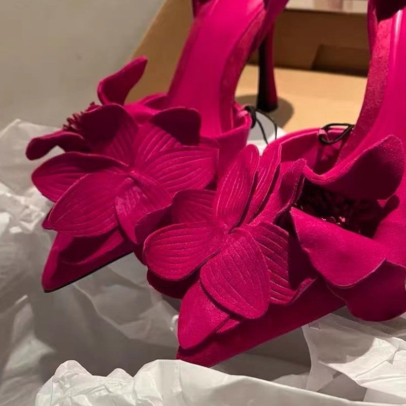 Rose Red Flower Decorative High Heels Women'S New Style All-Match French Stiletto Heel Pointed Shoes For Spring 2024 - Image 1