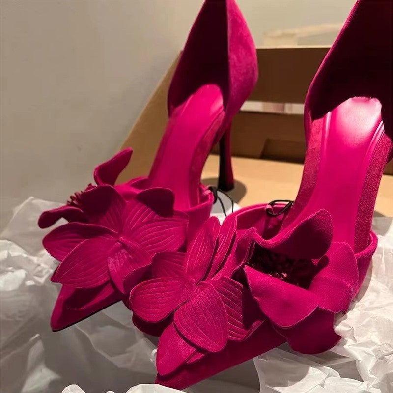 Rose Red Flower Decorative High Heels Women'S New Style All-Match French Stiletto Heel Pointed Shoes For Spring 2024 - Image 2