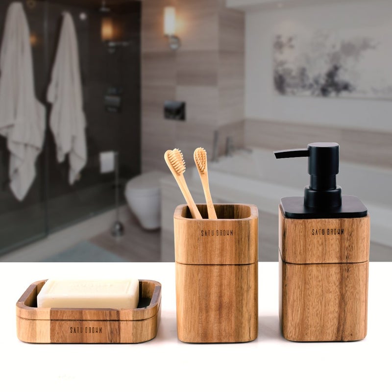Satu Brown Bathroom Accessory Set Acacia Wood 3 Pieces Includes Bathroom Soap Dispenser, Bathroom Tumbler, Soap Dish Accessories for Bathroom Decor and House Warming Gift - Image 3