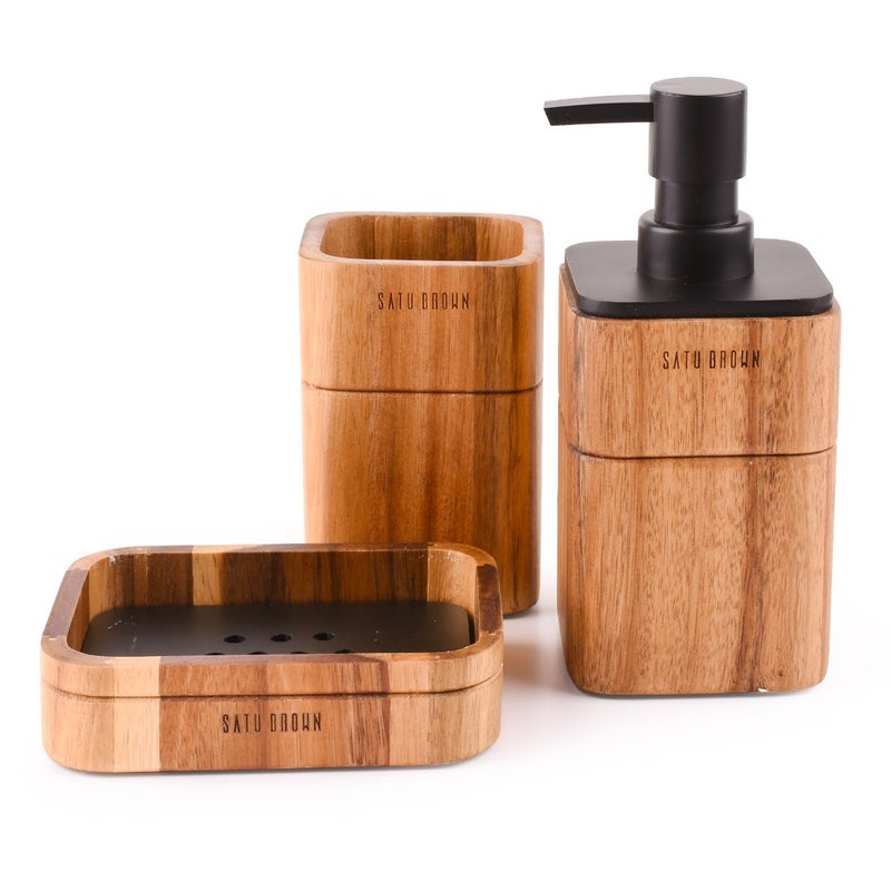 Satu Brown Bathroom Accessory Set Acacia Wood 3 Pieces Includes Bathroom Soap Dispenser, Bathroom Tumbler, Soap Dish Accessories for Bathroom Decor and House Warming Gift - Image 1
