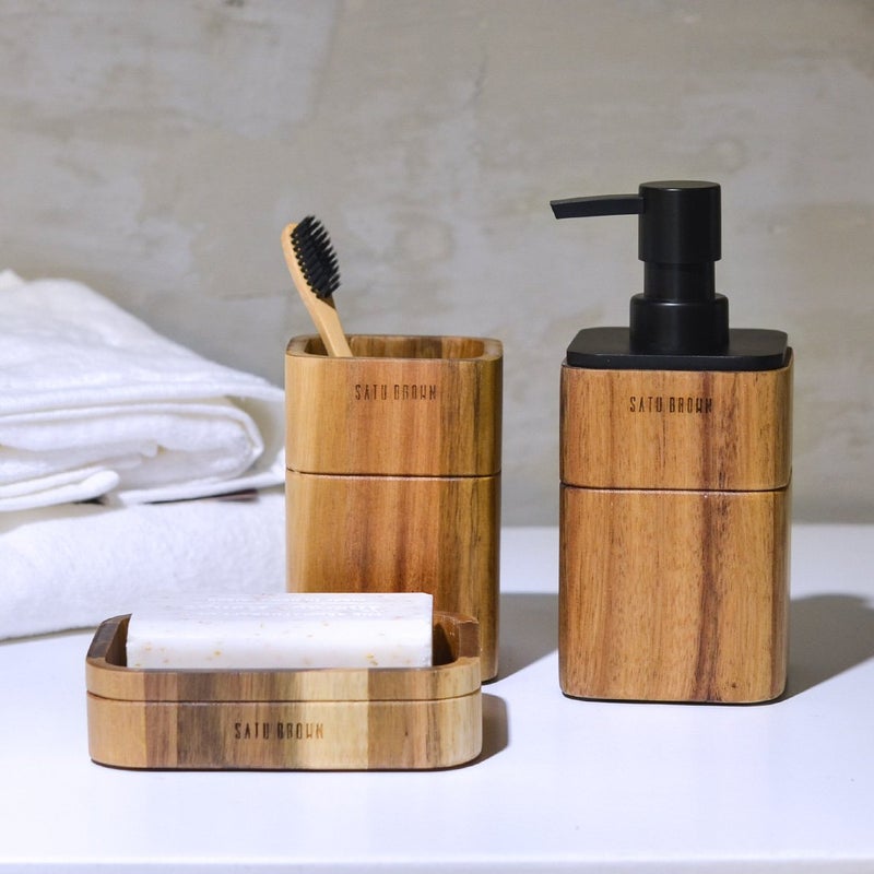 Satu Brown Bathroom Accessory Set Acacia Wood 3 Pieces Includes Bathroom Soap Dispenser, Bathroom Tumbler, Soap Dish Accessories for Bathroom Decor and House Warming Gift - Image 2