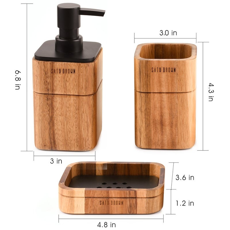 Satu Brown Bathroom Accessory Set Acacia Wood 3 Pieces Includes Bathroom Soap Dispenser, Bathroom Tumbler, Soap Dish Accessories for Bathroom Decor and House Warming Gift - Image 4