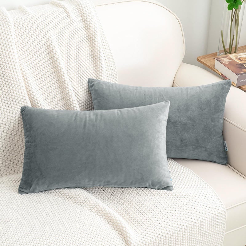 HWY 50 Gray Grey Velvet Rectangular Throw Pillow Covers 12x20 Inch, Pack of 2 Soft Cozy Solid Decorative Luxury Cushion Cases for Couch Sofa Bed Living Room Bedroom - Image 1