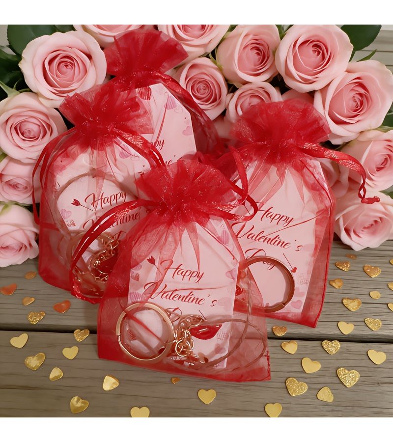 Gift for Her Him 5 Sets Valentines Day Women Red Lip Keychain Bulk Organza Bags Tags - Image 2