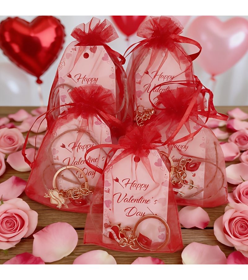 Gift for Her Him 5 Sets Valentines Day Women Red Lip Keychain Bulk Organza Bags Tags - Image 1