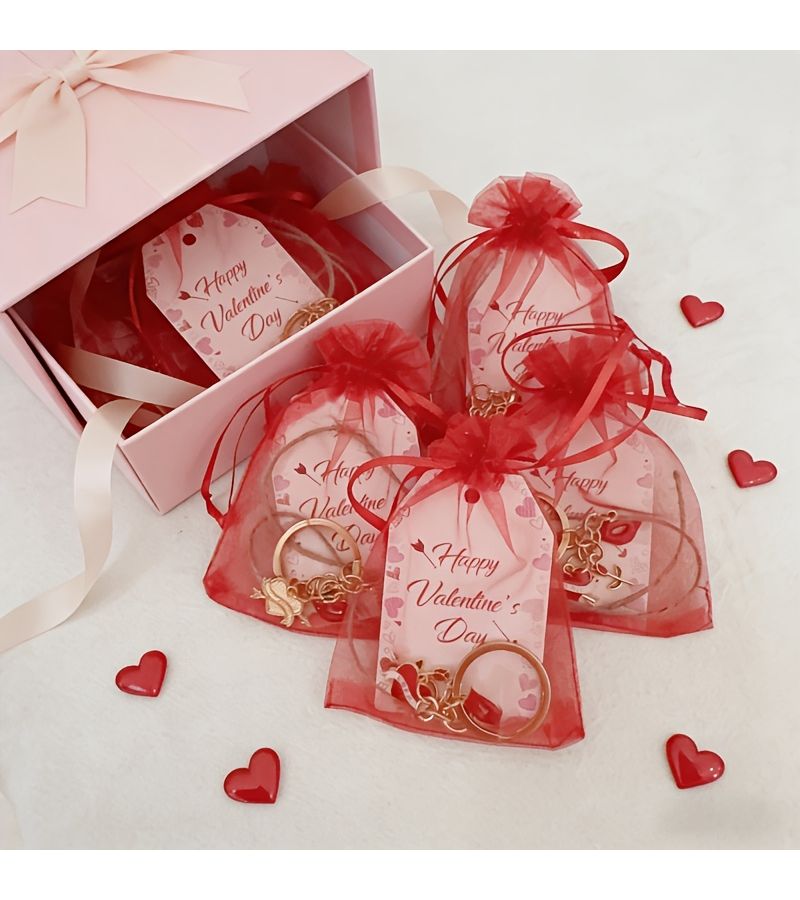 Gift for Her Him 5 Sets Valentines Day Women Red Lip Keychain Bulk Organza Bags Tags - Image 4