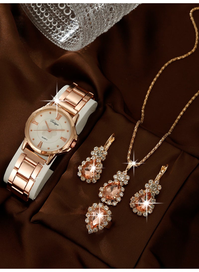 ساعة نسائية فاخرة جديدة من الذهب الوردي مع إكسسوارات براقة – هدية مختارة بعناية لها. - Image 1