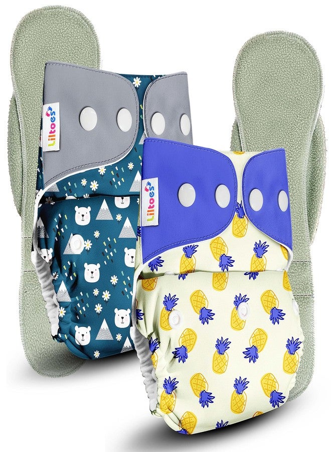 LILTOES Cloth Diapers For New Born Babies 0 to 3 Years | Freesize Adjustable and Reusable | Premium Cloth Nappies Pack of 2 (2 Cloth Diapers + 2 Inserts) | Ice Polar + Hawaiian Pineapple - Image 1