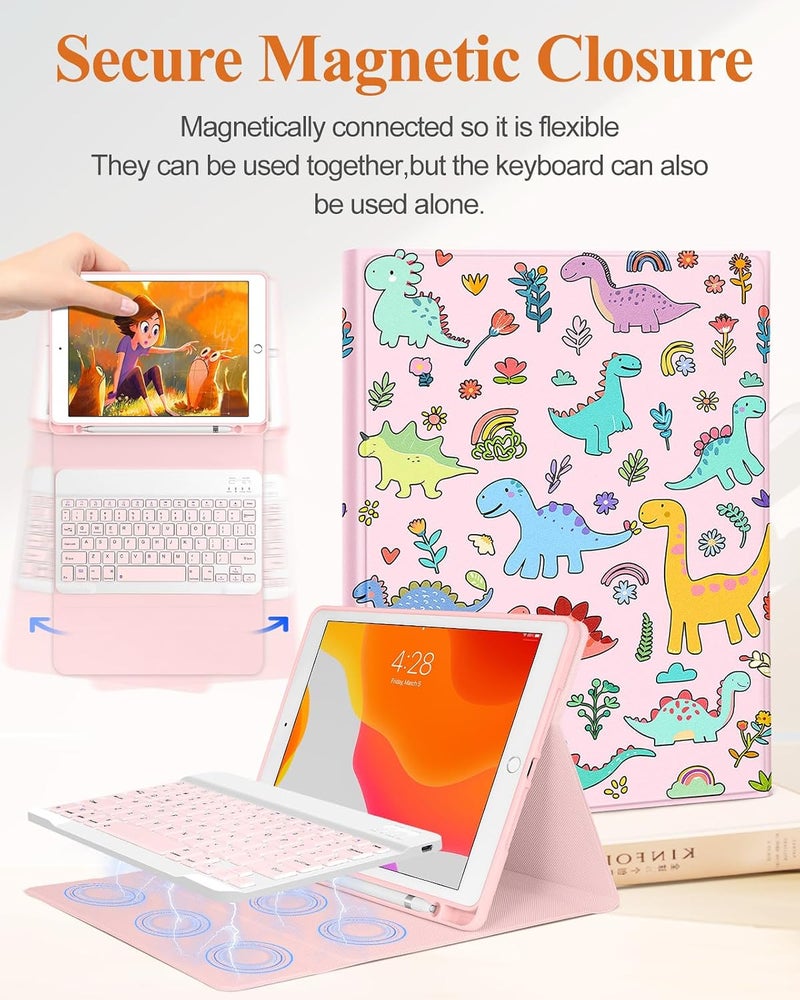 Wazzasoft for iPad 9th/8th/7th/Air 3rd Generation/Pro 10.5 Inch Case Keyboard Pencil Holder Folio Tablet Cover Women Girl Cute Girly Teen Kawaii Dino Unique Design for Apple 10.2 & 10.5 Inch - Image 4